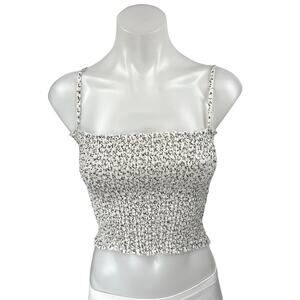 Brandy Melville White Black Floral Linen Smocked Cami Camisole Crop Tank Top S
